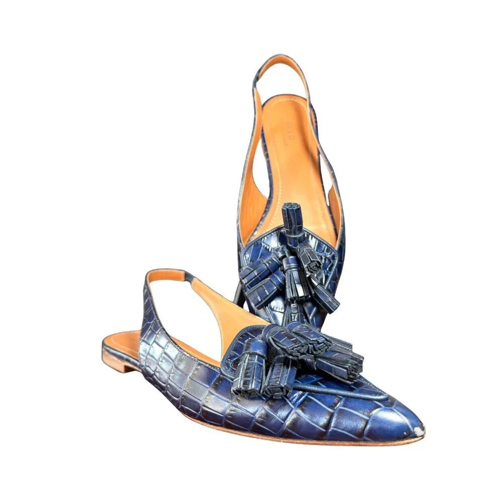 Polo Ralph Lauren Blue Croc Embossed Leather Tassel Slingback Flats 8 - Picture 1 of 6